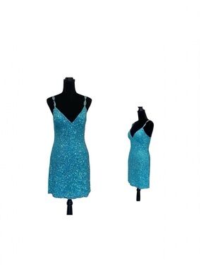 Scala NWT turquoise sequins embellished spaghetti strap formal mini dress medium